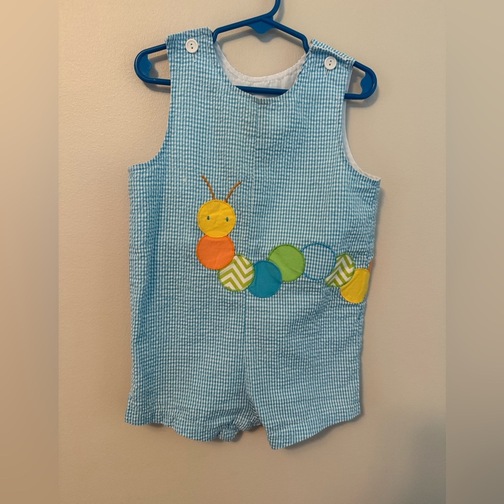 Funtasia Too Blue Gingham Romper with Caterpillar Design